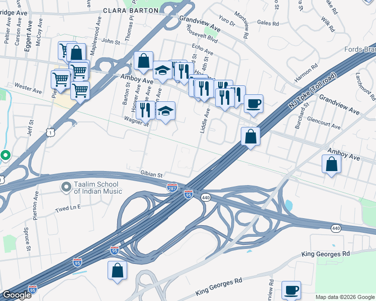 map of restaurants, bars, coffee shops, grocery stores, and more near 9 Liddle Avenue in Edison