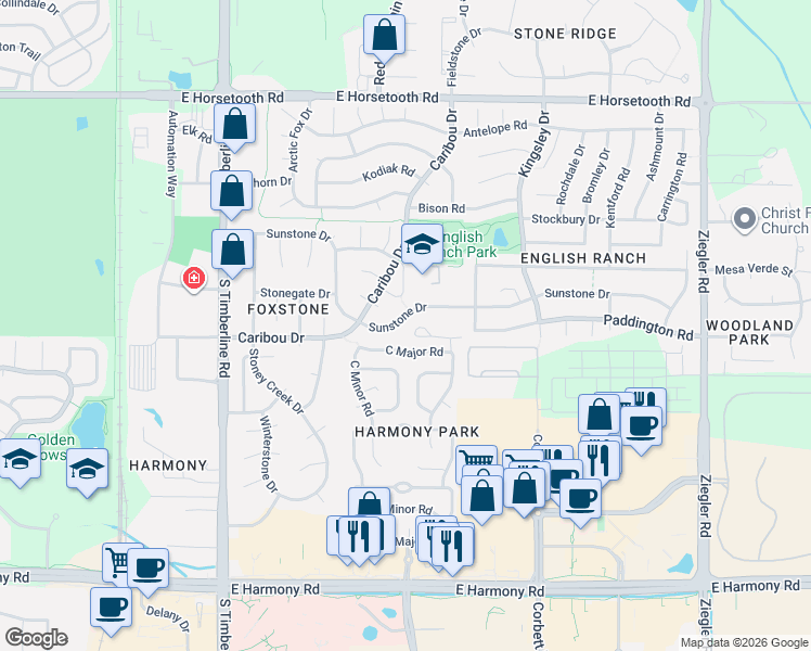 map of restaurants, bars, coffee shops, grocery stores, and more near 2501 Sunstone Drive in Fort Collins