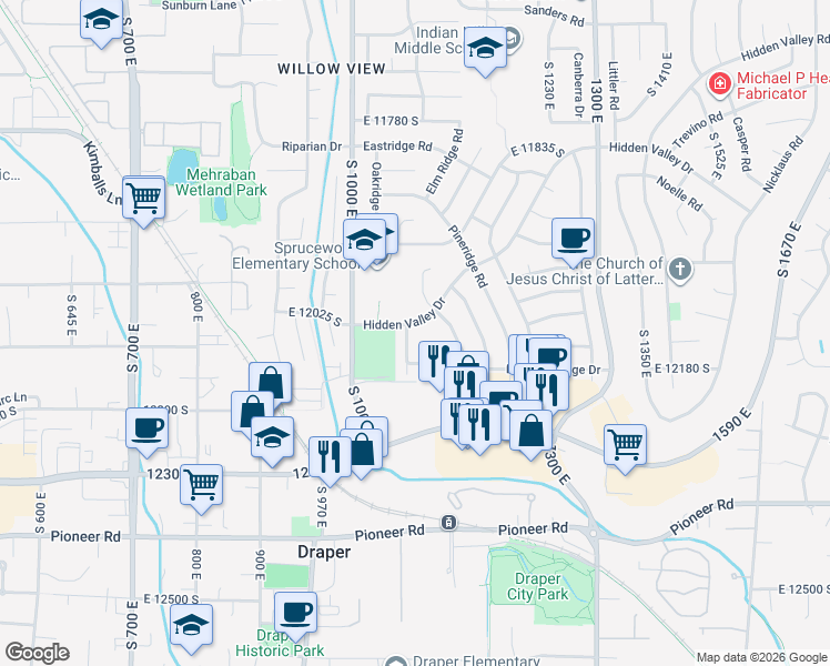 map of restaurants, bars, coffee shops, grocery stores, and more near 12124 York Ridge Road East in Sandy