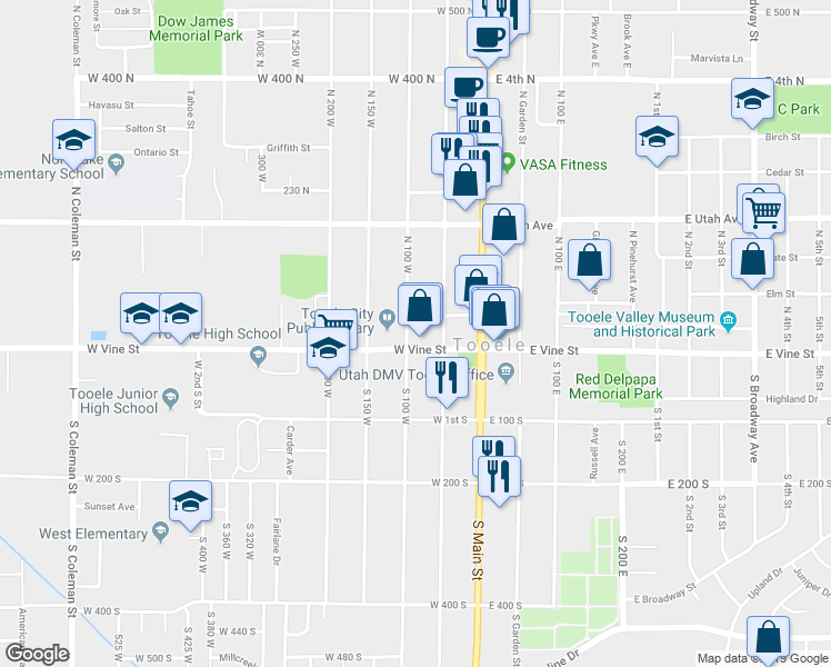 map of restaurants, bars, coffee shops, grocery stores, and more near 60 North 50 West in Tooele
