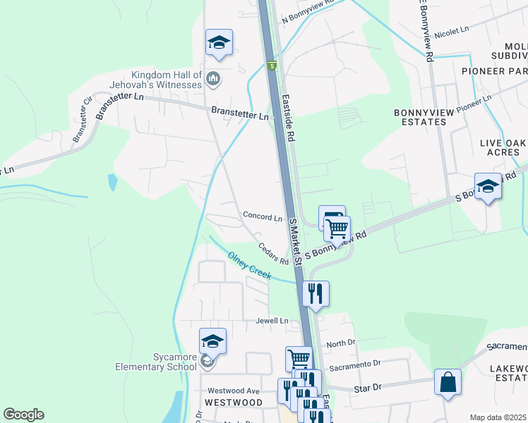 map of restaurants, bars, coffee shops, grocery stores, and more near 5756 Westside Road in Redding