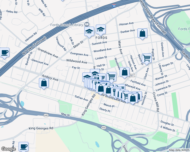 map of restaurants, bars, coffee shops, grocery stores, and more near 64 Ford Avenue in Woodbridge Township
