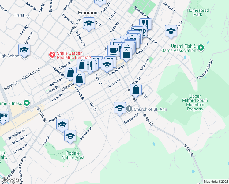 map of restaurants, bars, coffee shops, grocery stores, and more near 554 Broad Street in Emmaus