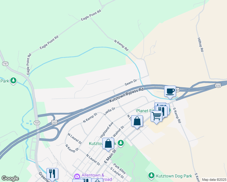 map of restaurants, bars, coffee shops, grocery stores, and more near 705 Seem Drive in Kutztown