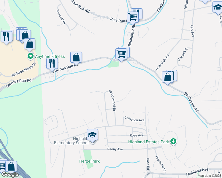 map of restaurants, bars, coffee shops, grocery stores, and more near 139 Wedgewood Drive in Pittsburgh