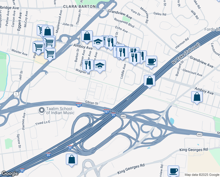 map of restaurants, bars, coffee shops, grocery stores, and more near 9 Liddle Avenue in Edison
