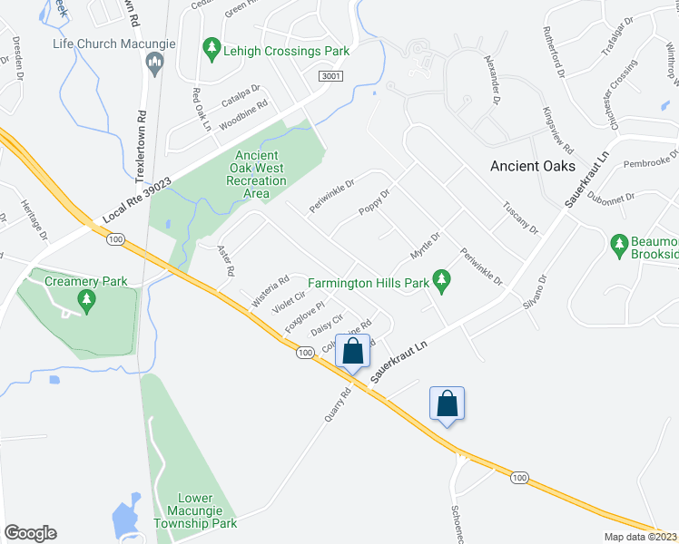 map of restaurants, bars, coffee shops, grocery stores, and more near 2109 Aster Road in Macungie