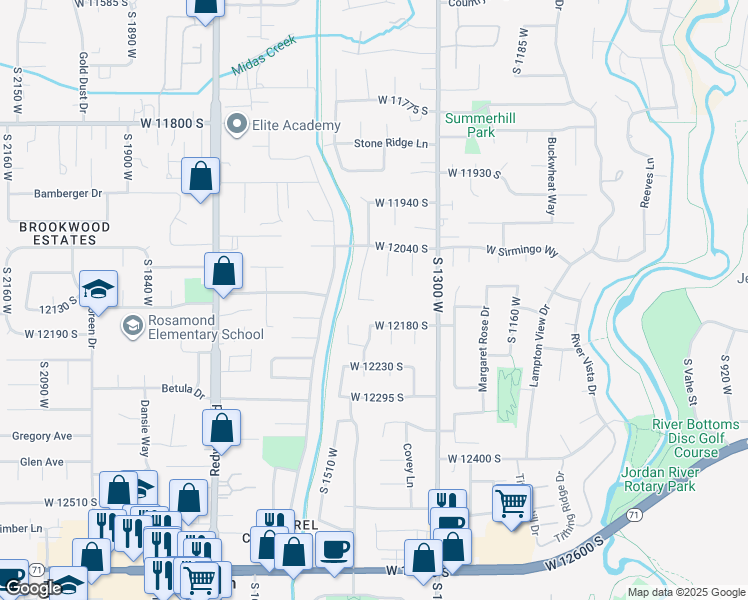 map of restaurants, bars, coffee shops, grocery stores, and more near 1410 West Camden Fields Court in Riverton