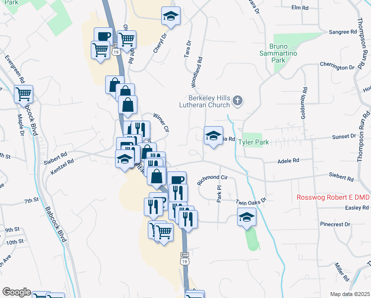 map of restaurants, bars, coffee shops, grocery stores, and more near 114 Fairley Road in Pittsburgh