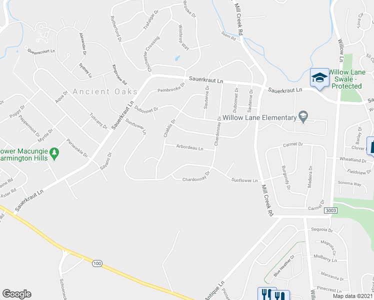 map of restaurants, bars, coffee shops, grocery stores, and more near 6668 Arbordeau Lane in Macungie