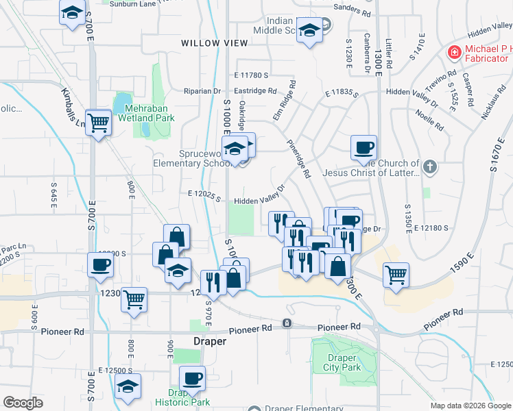 map of restaurants, bars, coffee shops, grocery stores, and more near 12124 York Ridge Road East in Sandy