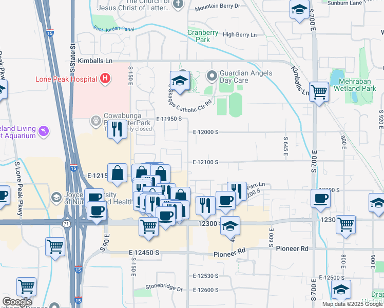 map of restaurants, bars, coffee shops, grocery stores, and more near 12073 South 300 East in Draper