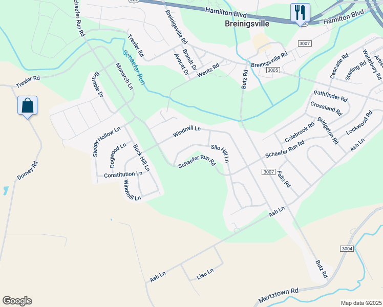 map of restaurants, bars, coffee shops, grocery stores, and more near 1540 Silo Hill Lane in Breinigsville