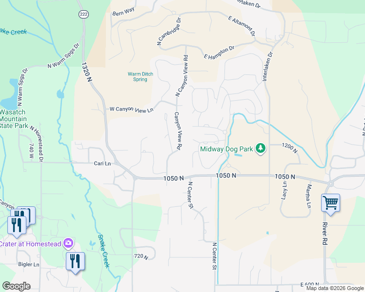 map of restaurants, bars, coffee shops, grocery stores, and more near 1195 Canyon View Road in Midway