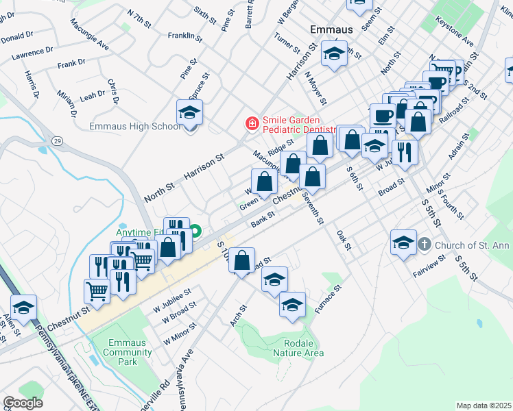 map of restaurants, bars, coffee shops, grocery stores, and more near 801 Chestnut Street in Emmaus