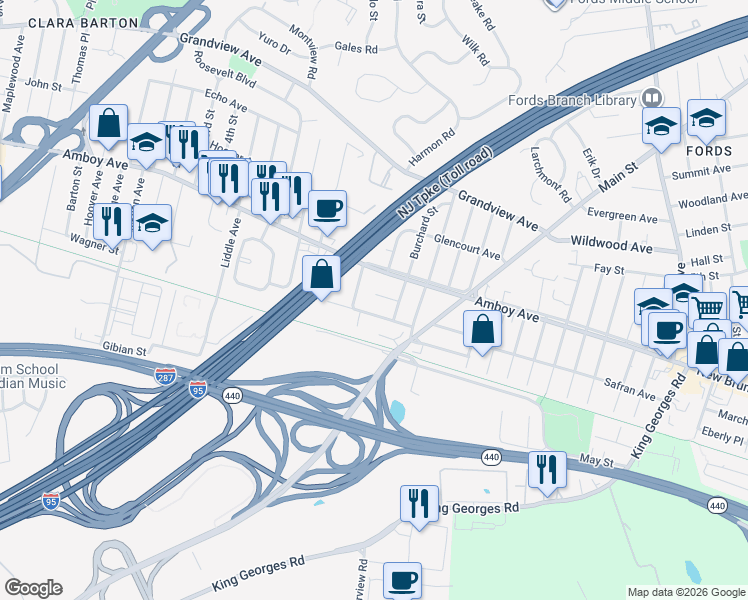 map of restaurants, bars, coffee shops, grocery stores, and more near 15 Norman Street in Edison