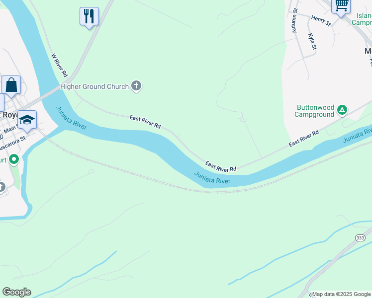 map of restaurants, bars, coffee shops, grocery stores, and more near 7 East River Road in Mifflintown