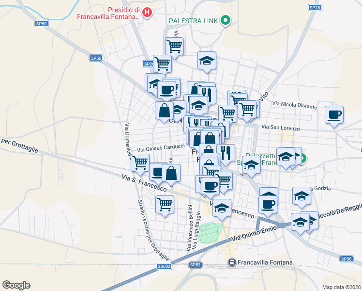 map of restaurants, bars, coffee shops, grocery stores, and more near 9A Via Santa Cesarea in Francavilla Fontana
