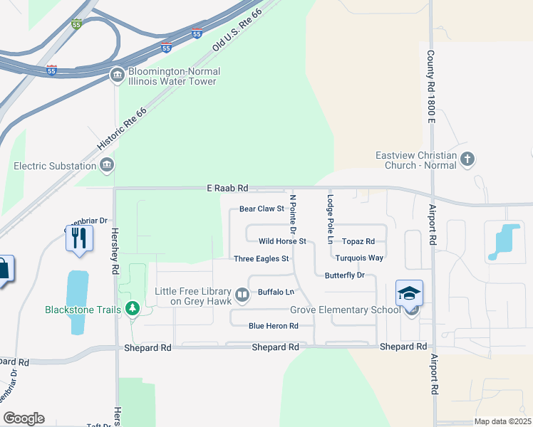map of restaurants, bars, coffee shops, grocery stores, and more near 2954 Bear Claw Street in Normal