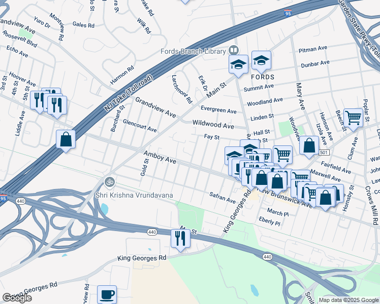 map of restaurants, bars, coffee shops, grocery stores, and more near 73 Wolff Avenue in Edison
