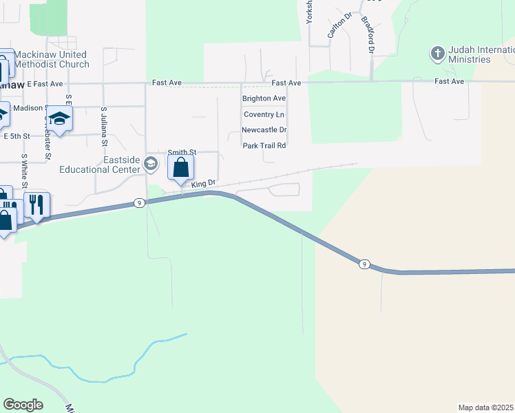 map of restaurants, bars, coffee shops, grocery stores, and more near in Mackinaw