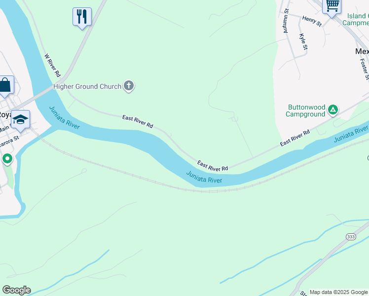 map of restaurants, bars, coffee shops, grocery stores, and more near 659 East River Road in Mifflintown