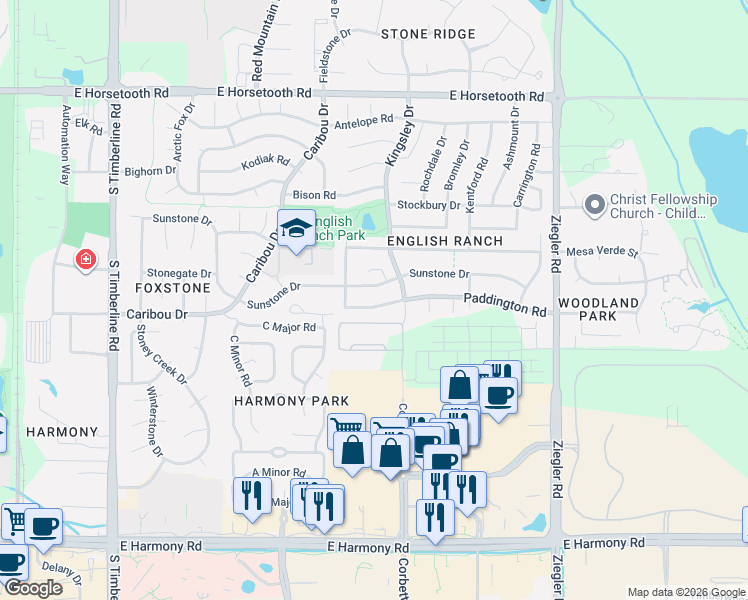 map of restaurants, bars, coffee shops, grocery stores, and more near 2621 Sunstone Drive in Fort Collins