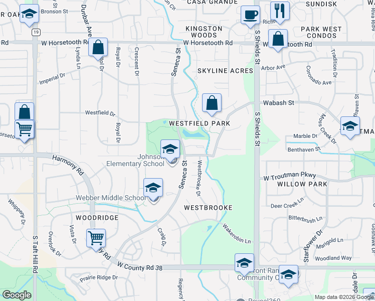 map of restaurants, bars, coffee shops, grocery stores, and more near 1480 Sailcrest Court in Fort Collins
