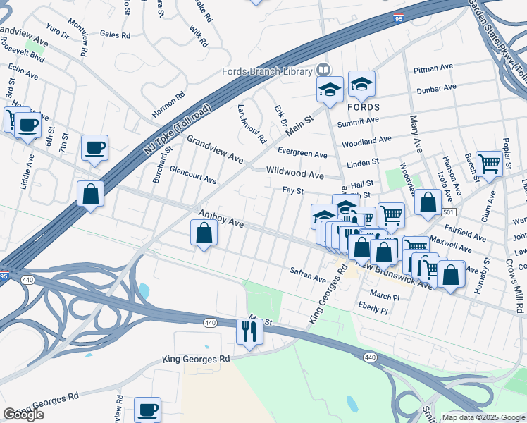 map of restaurants, bars, coffee shops, grocery stores, and more near 75 Wolff Avenue in Edison