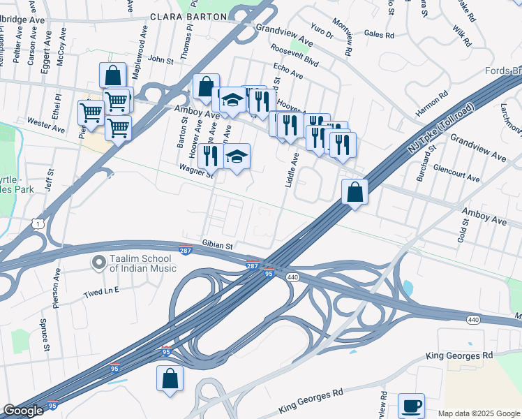 map of restaurants, bars, coffee shops, grocery stores, and more near 9 Liddle Avenue in Edison