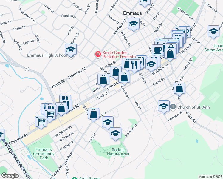 map of restaurants, bars, coffee shops, grocery stores, and more near 728 Chestnut Street in Emmaus