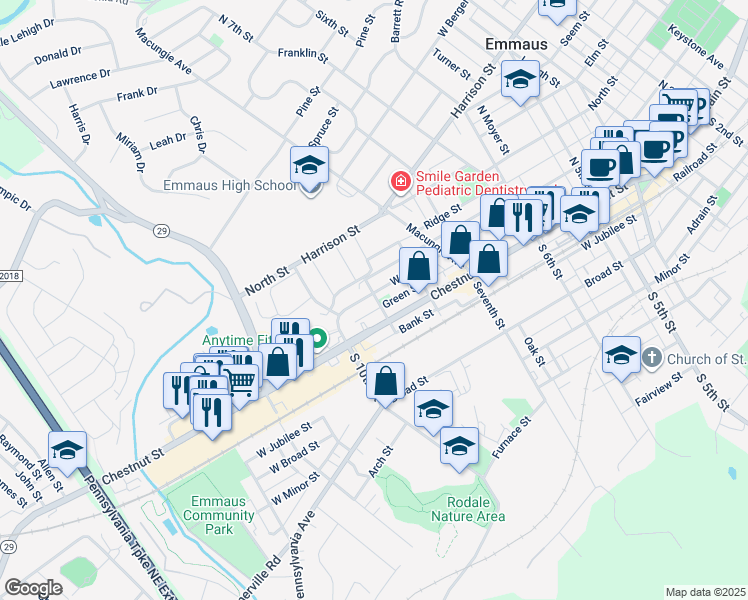 map of restaurants, bars, coffee shops, grocery stores, and more near 836 Walnut Street in Emmaus