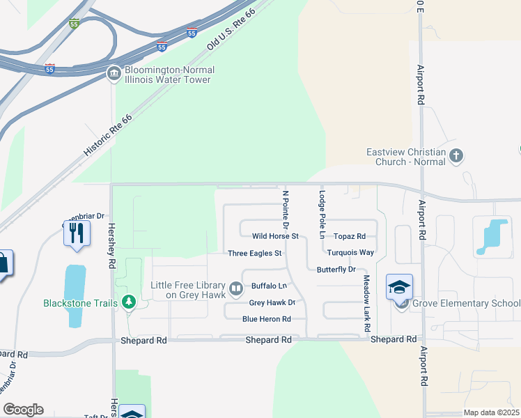 map of restaurants, bars, coffee shops, grocery stores, and more near 2954 Bear Claw Street in Normal