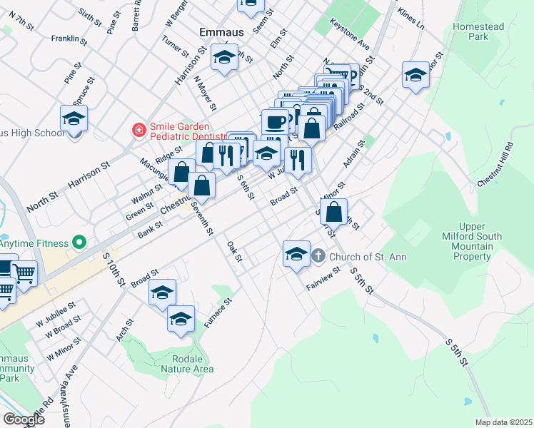 map of restaurants, bars, coffee shops, grocery stores, and more near 554 Broad Street in Emmaus