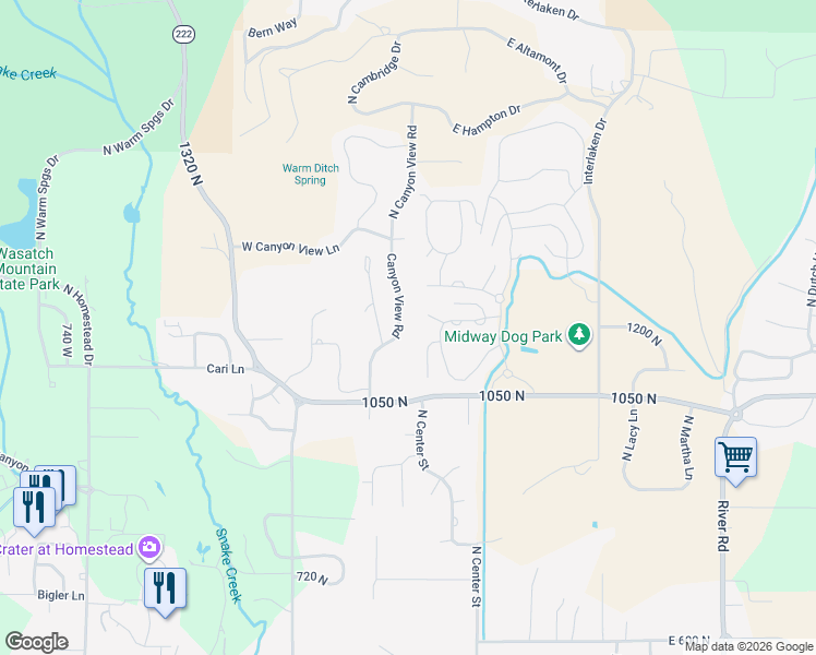map of restaurants, bars, coffee shops, grocery stores, and more near 1195 Canyon View Road in Midway