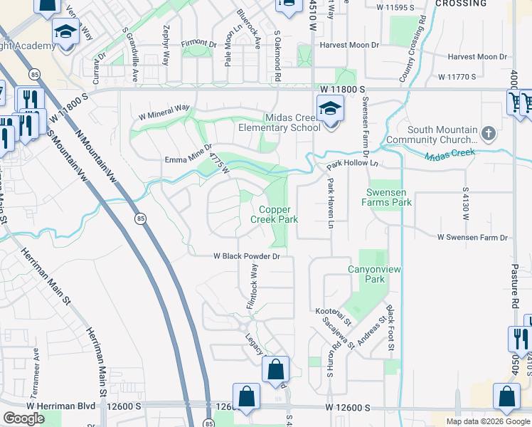 map of restaurants, bars, coffee shops, grocery stores, and more near 12115 Midas Park Road in Herriman