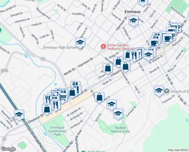 map of restaurants, bars, coffee shops, grocery stores, and more near 921 Walnut Street in Emmaus