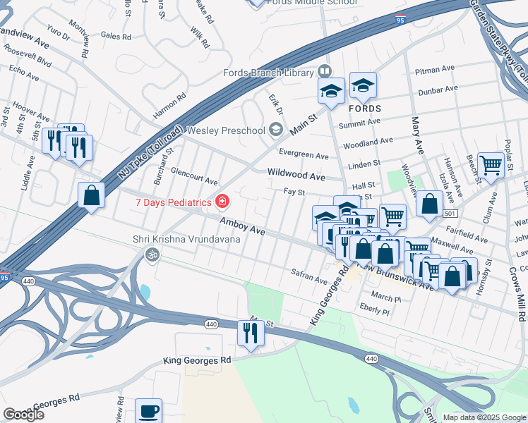 map of restaurants, bars, coffee shops, grocery stores, and more near 75 Wolff Avenue in Edison