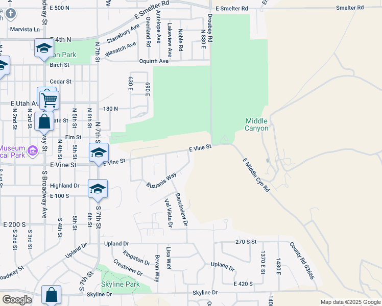 map of restaurants, bars, coffee shops, grocery stores, and more near 828 East Vine Street in Tooele