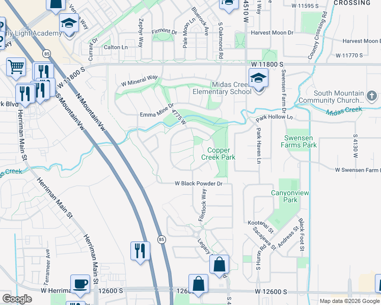 map of restaurants, bars, coffee shops, grocery stores, and more near 4727 Gold Miners Place in Herriman