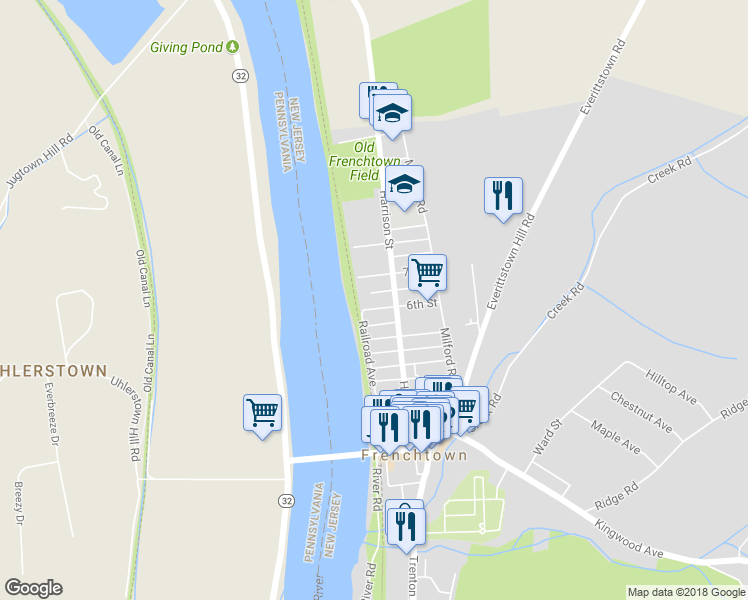 map of restaurants, bars, coffee shops, grocery stores, and more near 5 6th Street in Frenchtown