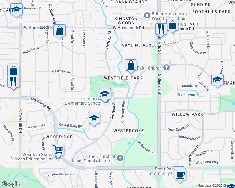 map of restaurants, bars, coffee shops, grocery stores, and more near 1457 Sailcrest Court in Fort Collins