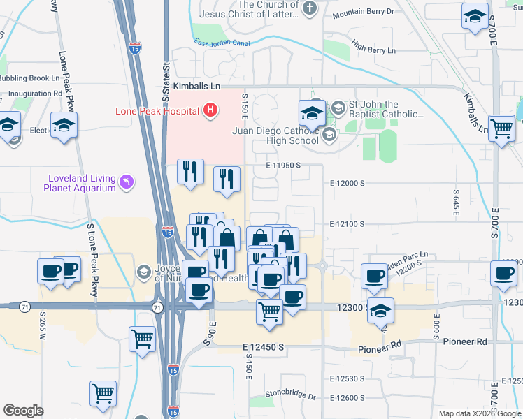 map of restaurants, bars, coffee shops, grocery stores, and more near 181 Mountain Peak Drive in Draper