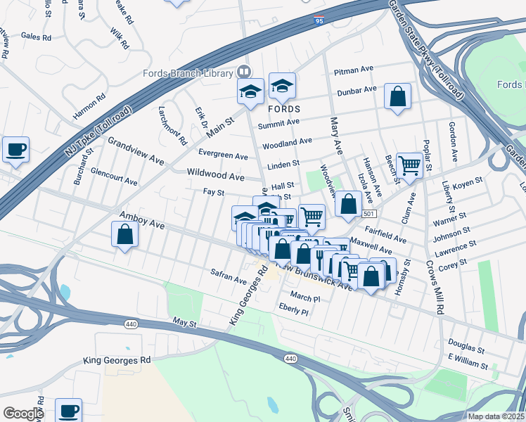 map of restaurants, bars, coffee shops, grocery stores, and more near 64 Ford Avenue in Woodbridge Township