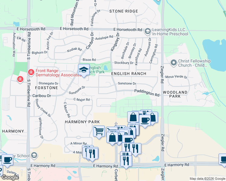 map of restaurants, bars, coffee shops, grocery stores, and more near 2662 Paddington Road in Fort Collins