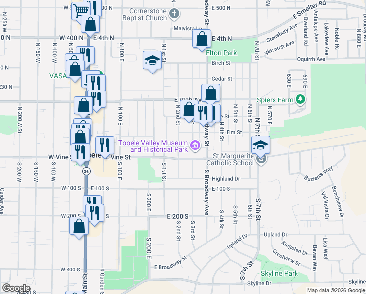 map of restaurants, bars, coffee shops, grocery stores, and more near 259 Maple Street in Tooele