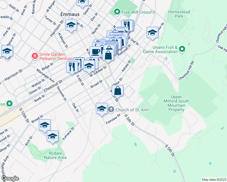 map of restaurants, bars, coffee shops, grocery stores, and more near 208 South Fourth Street in Emmaus