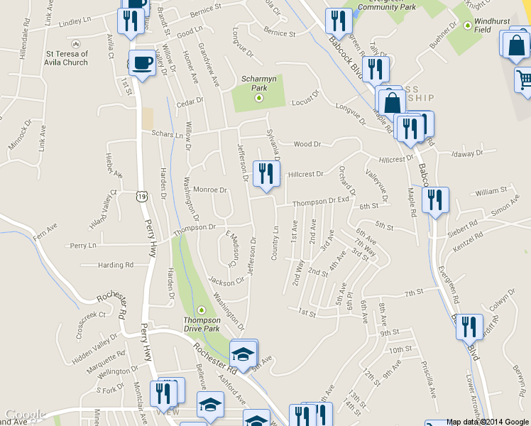 map of restaurants, bars, coffee shops, grocery stores, and more near 113 Country Lane in Pittsburgh