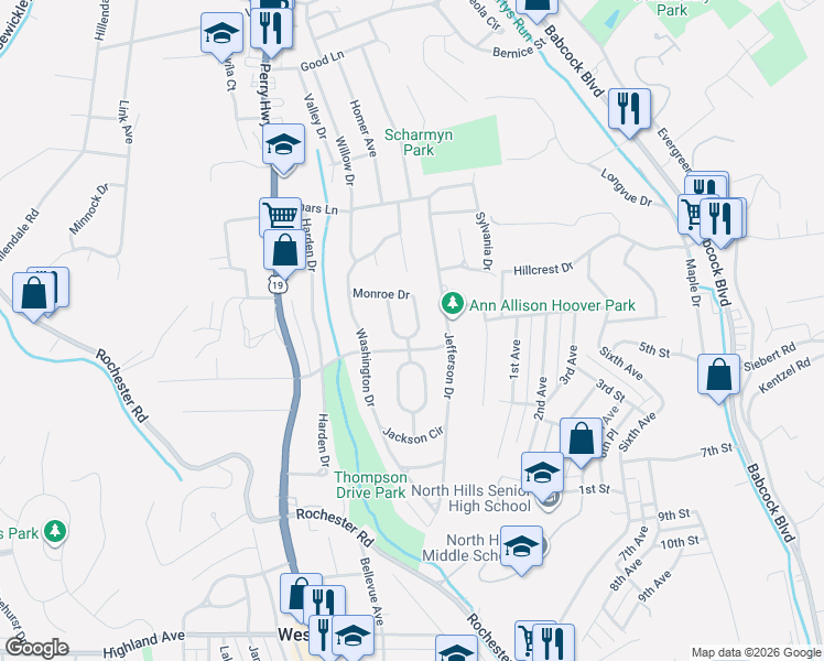 map of restaurants, bars, coffee shops, grocery stores, and more near 808 West Monroe Circle in Pittsburgh