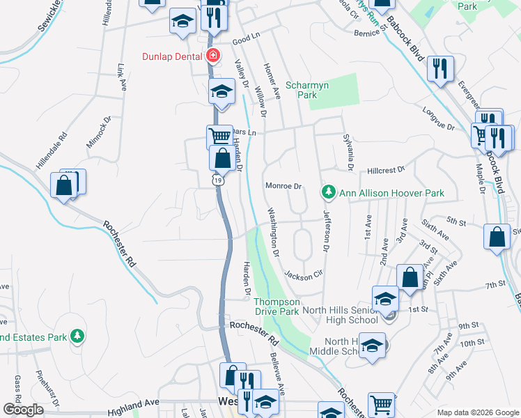 map of restaurants, bars, coffee shops, grocery stores, and more near 810 Washington Drive in Pittsburgh